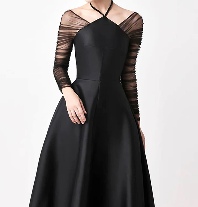 Halter Ruched Long Sleeve A Line Midi Dress Black