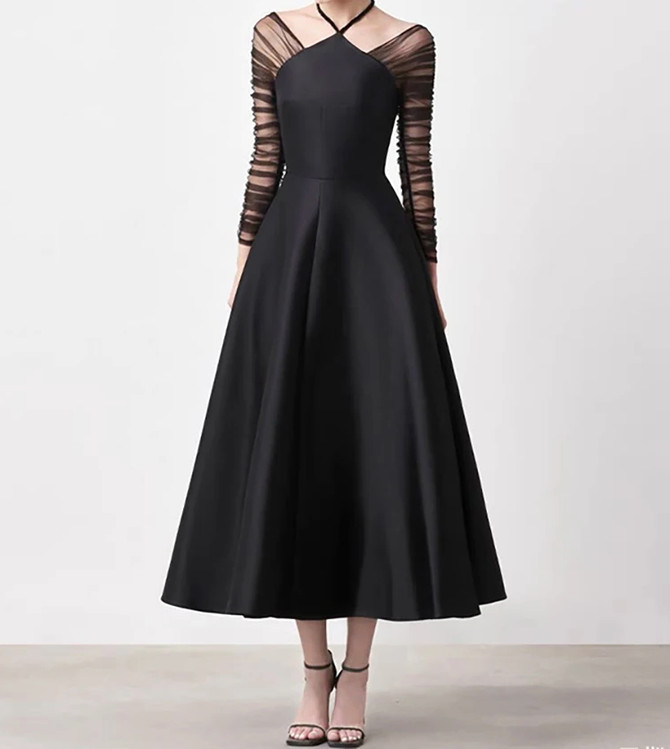 Halter Ruched Long Sleeve A Line Midi Dress Black