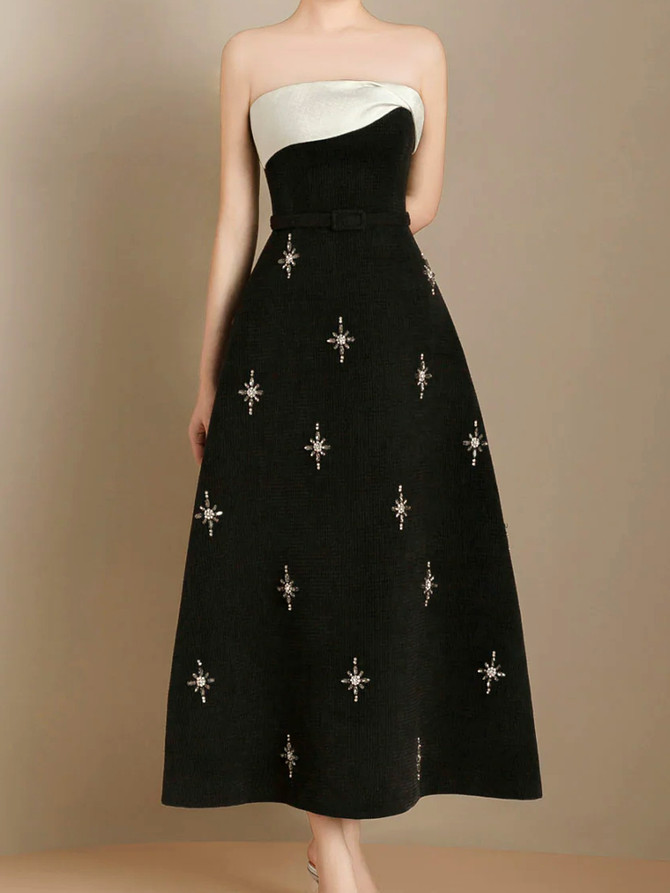 Strapless Embellished A Line Midi Dress Black