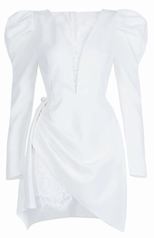 Puff Long Sleeve Lace Draped Dress White