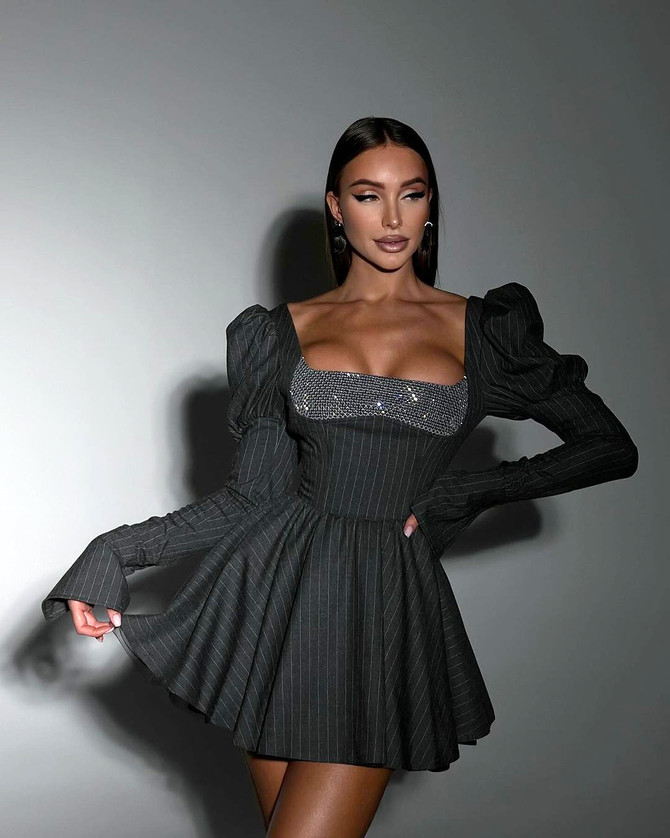 Puff Long Sleeve Crystal Corset A Line Dress Black