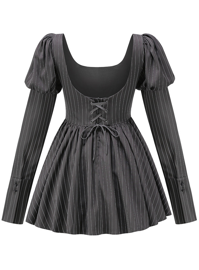 Puff Long Sleeve Crystal Corset A Line Dress Black