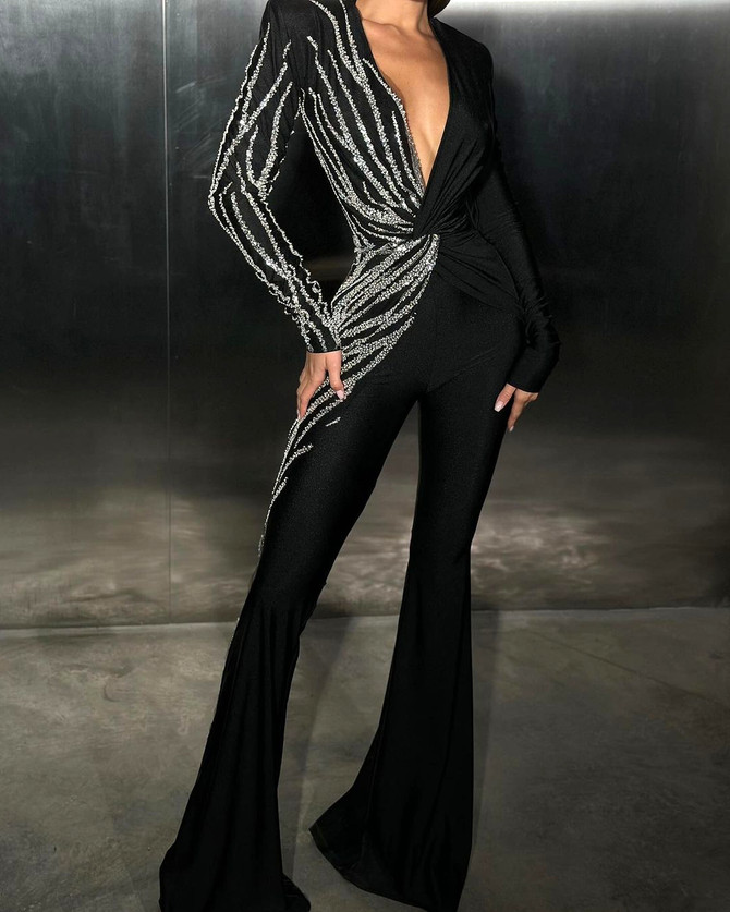 Long Sleeves Crystal Jumpsuit Black