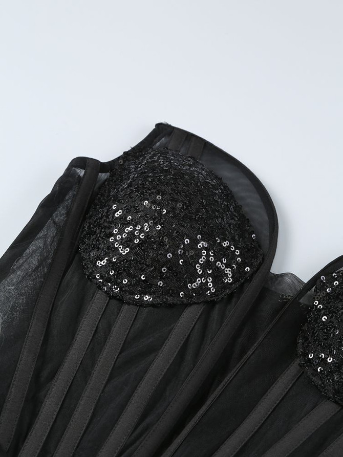 Strapless Sequin Corset Draped Dress Black