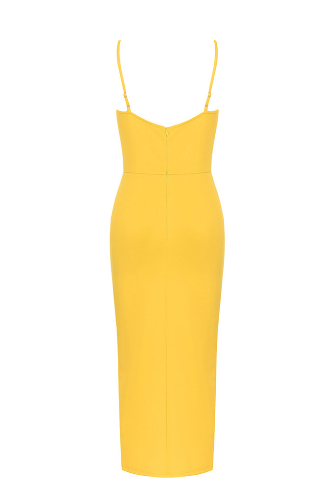 One Shoulder Draped Midi Dress Yellow