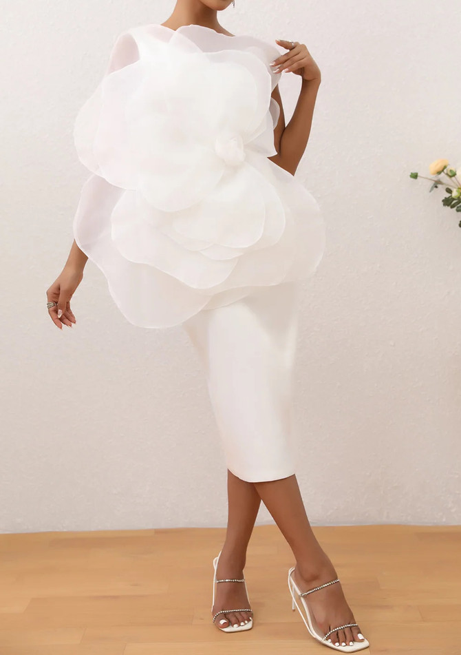 One Shoulder Flower Detail Midi Dress White