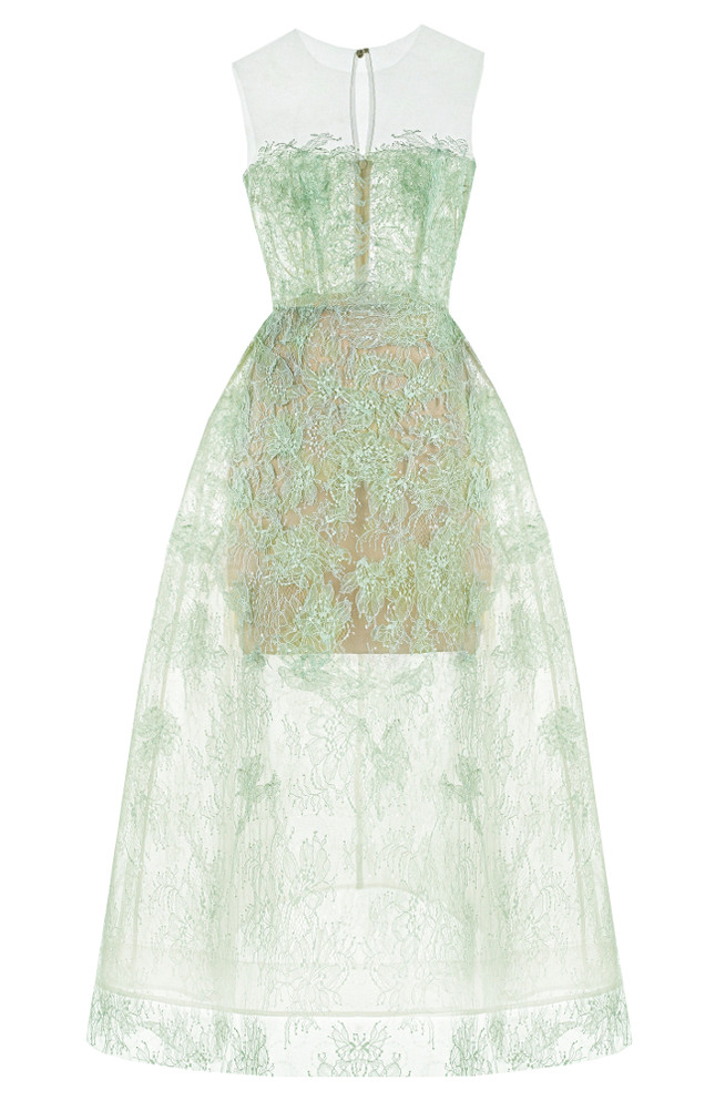Floral Sequin Lace A Line Midi Dress Green