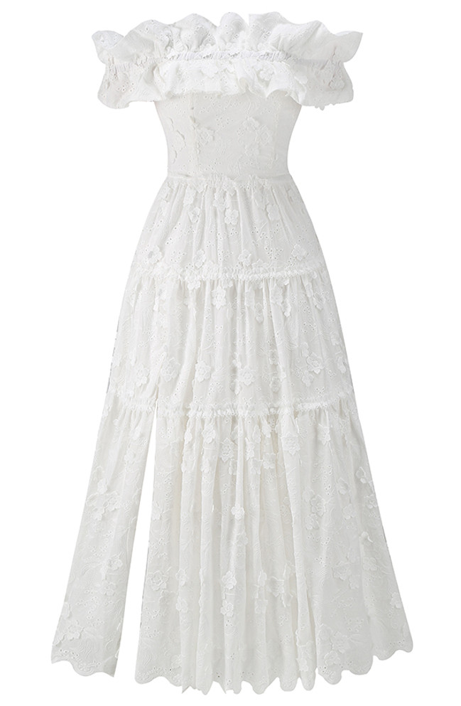 Ruffle Bardot A Line Midi Broderie Anglaise Dress White
