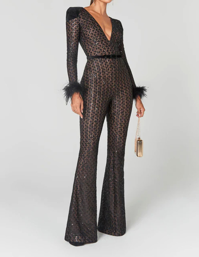 Feather Long Sleeve Sequin Crochet Jumpsuit Black