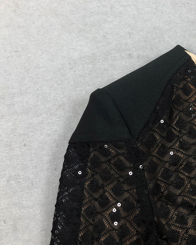 Feather Long Sleeve Sequin Crochet Jumpsuit Black