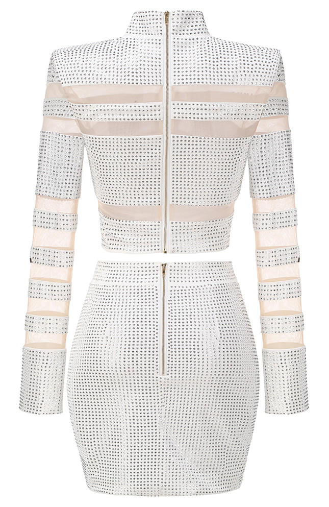 Long Sleeve Studded Two Piece Dress White