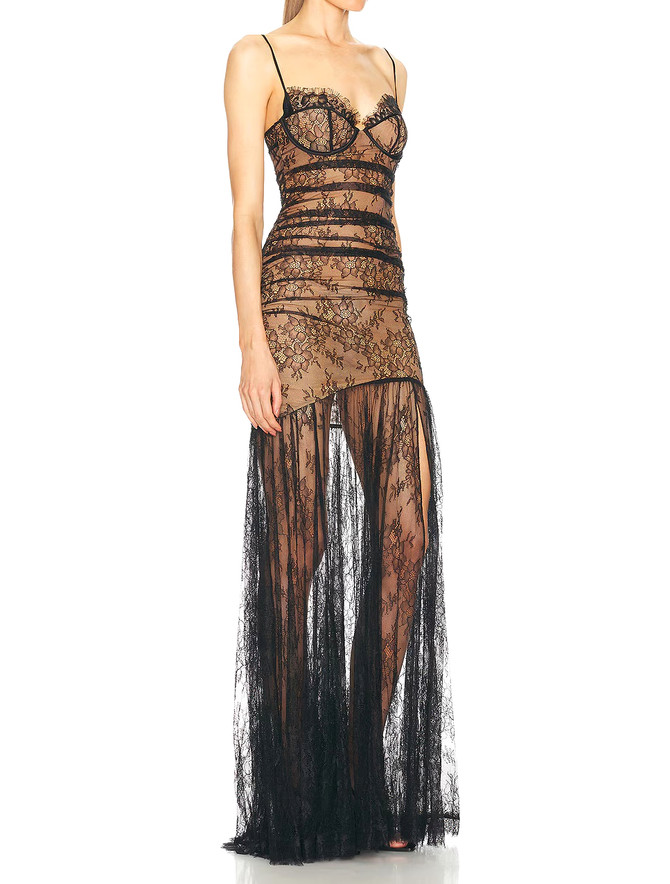 Lace Corset A Line Maxi Dress Black Nude