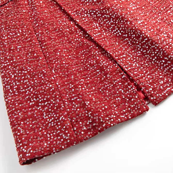 Long Sleeve Fur Sequin Midi Coat Red