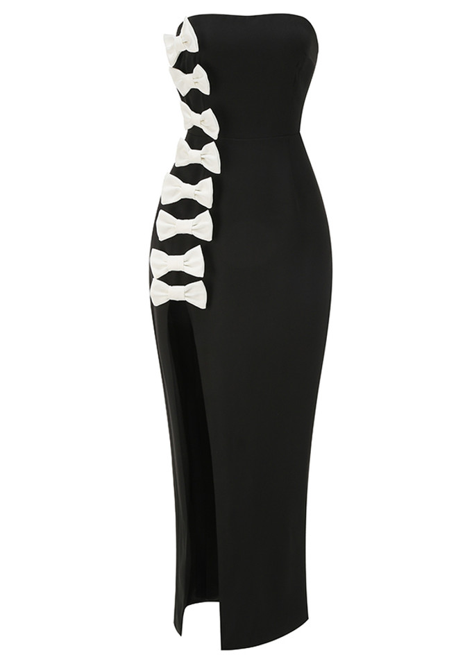 Strapless Bow Detail Maxi Velvet Dress Black White