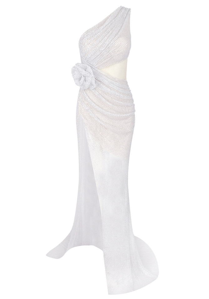 One Shoulder Floral Detail Maxi Dress White