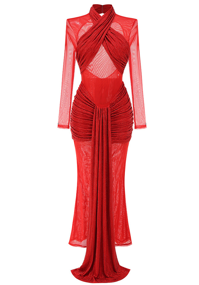 Long Sleeve Sparkly Draped Maxi Dress Red