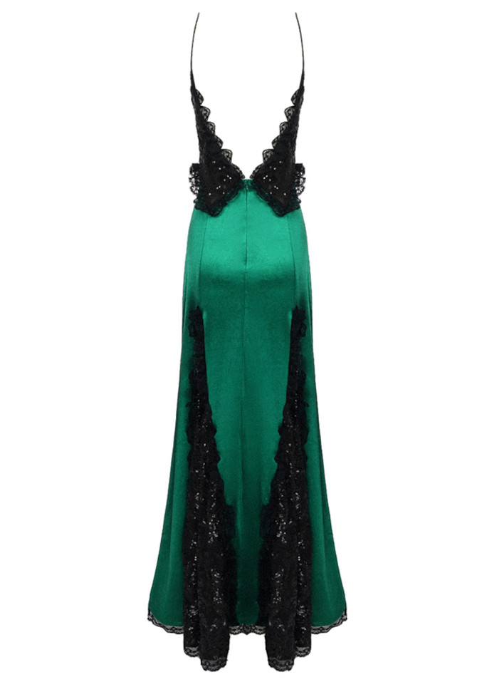 Sequined Lace A Line Maxi Dress Green
