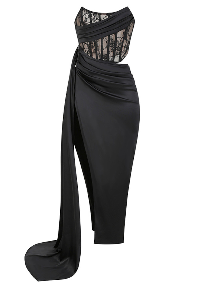 Strapless Lace Corset Draped Maxi Dress Black