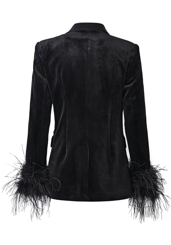 Long Sleeve Feather Velvet Blazer Black