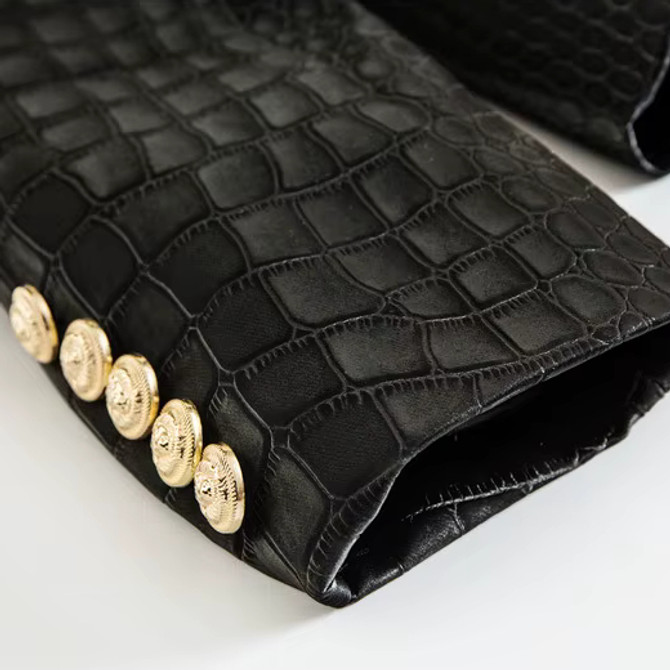 Long Sleeve Crocodile Faux Leather Jacket Black