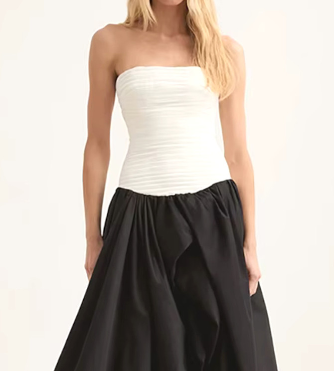 Strapless Ruched Puff Maxi Dress Black White