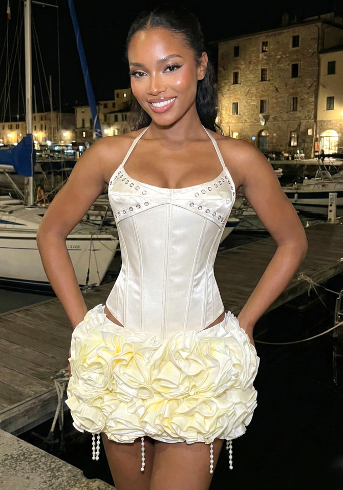 Halter Floral Corset Two Piece Dress Ivory