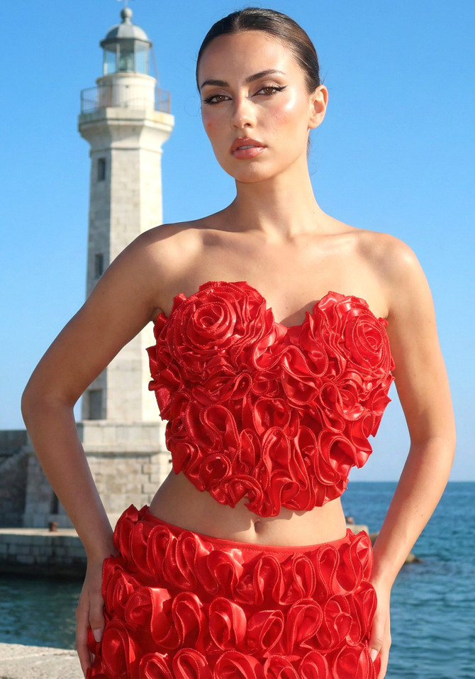 Strapless Floral Heart Two Piece Dress Red