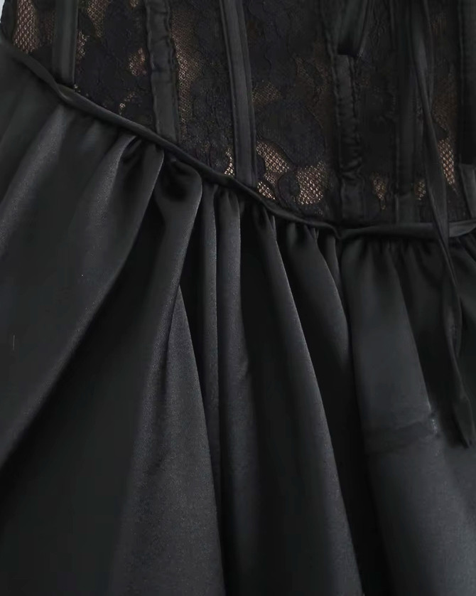 Lace Bustier Puff Dress Black