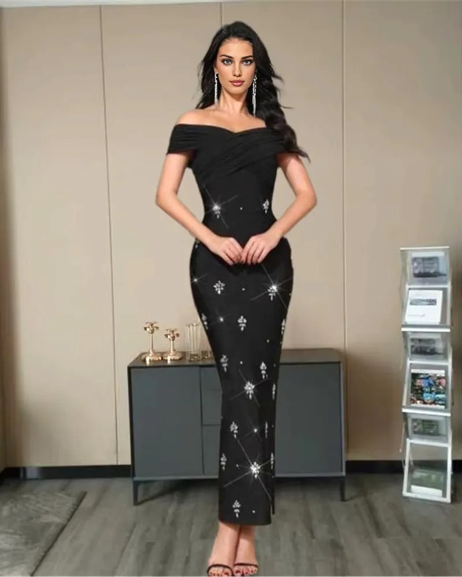 Draped Bardot Crystal Maxi Dress Black