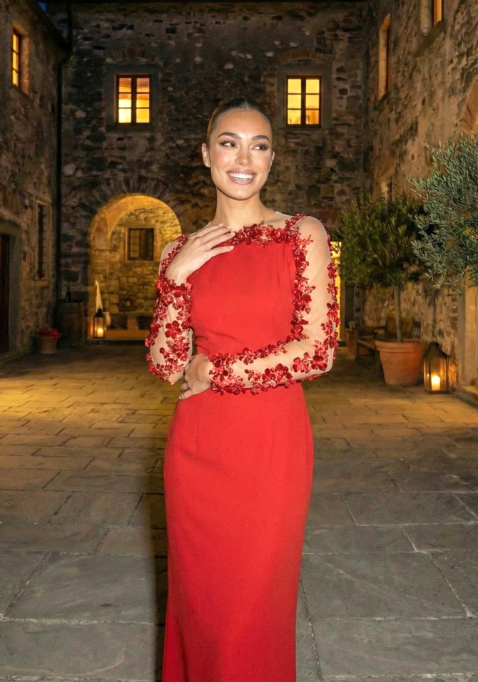 Long Sleeve Floral Sequin Mesh Maxi Dress Red