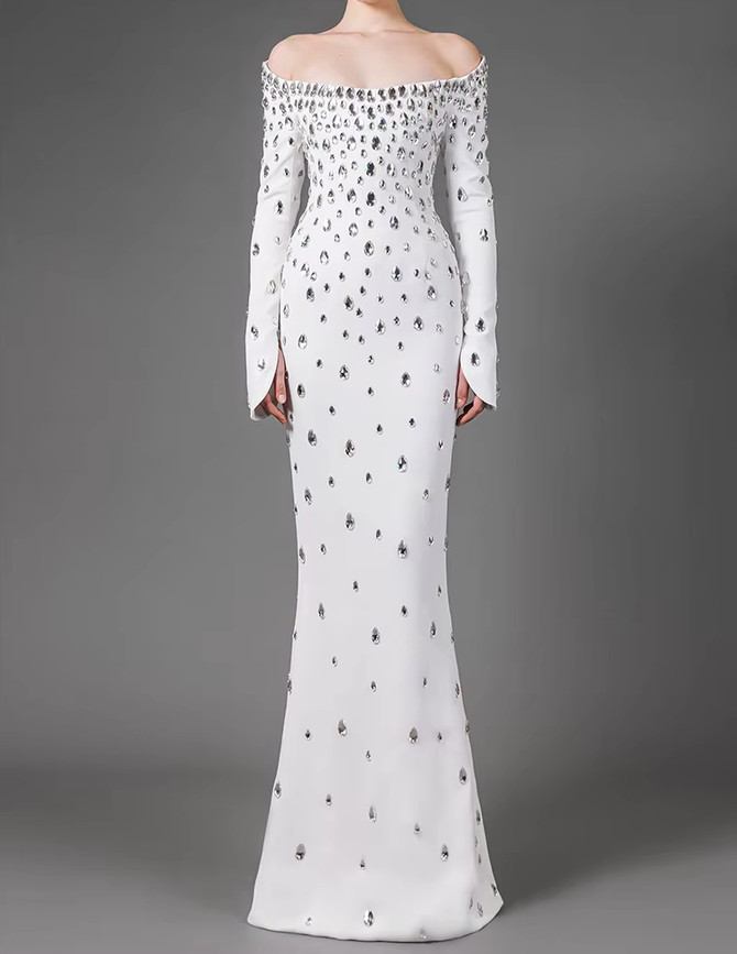 Long Sleeve Bardot Crystal Maxi Dress White