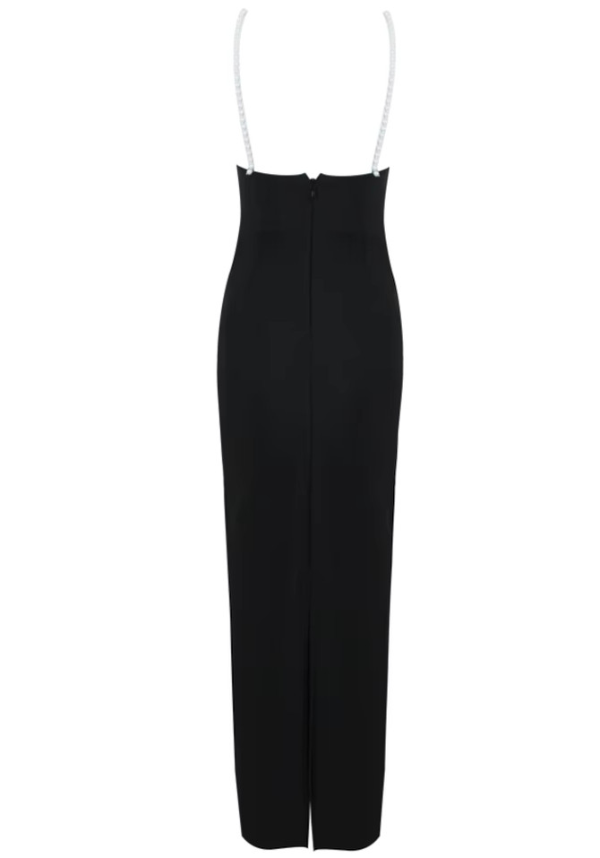 Pearl Straps Floral Maxi Dress Black White