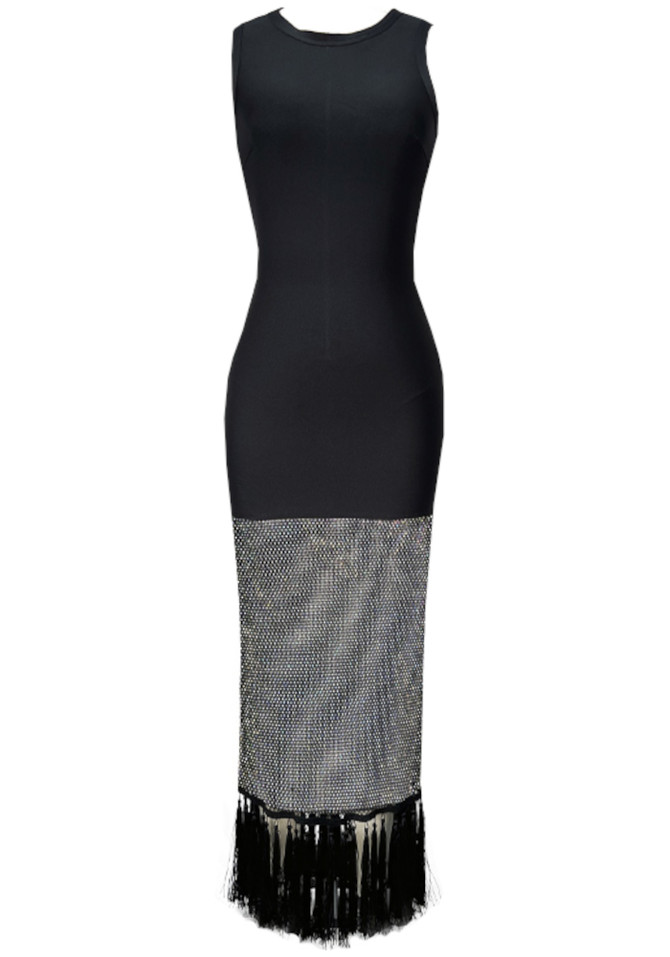 Crystal Detail Fringe Maxi Dress Black