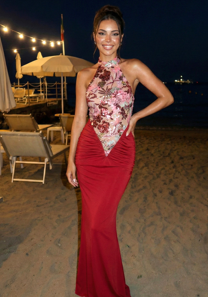 Halter Floral Sequin Embroidered Maxi Dress Red