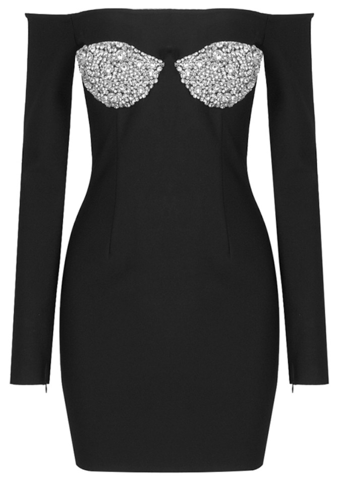 Long Sleeve Crystal Bustier Dress Black