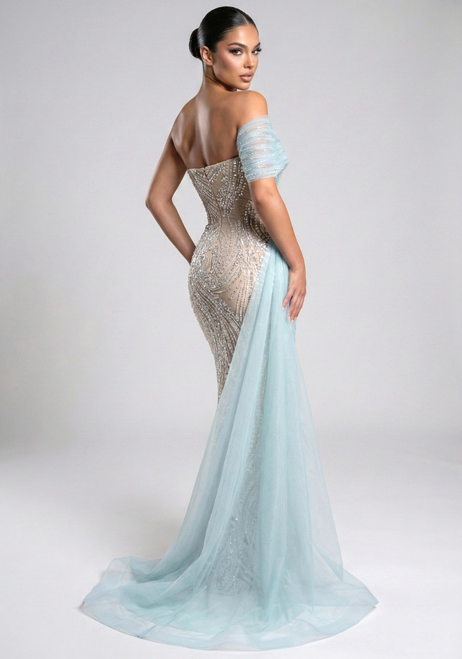 Strapless Draped Crystal Maxi Dress Green