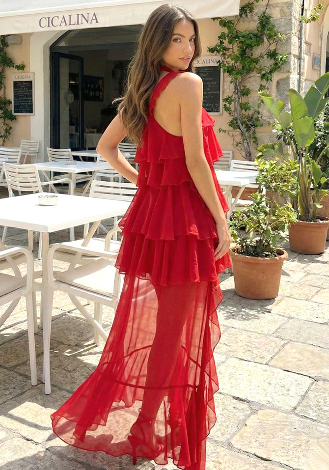 Halter Floral Ruffle Maxi Dress Red