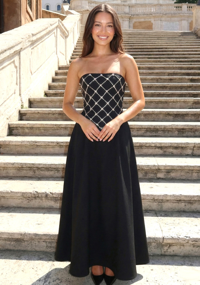 Strapless Crystal Design A Line Dress Black