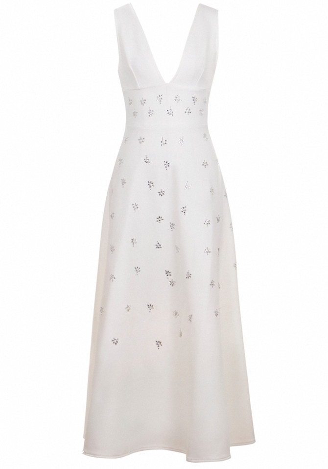 Crystal Embellished A Line Midi Dress White