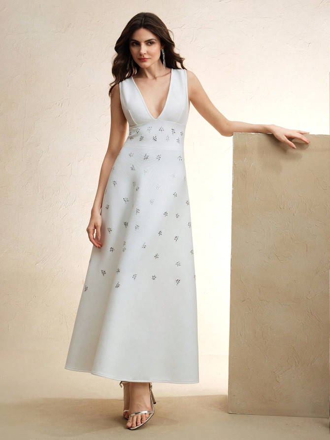 Crystal Embellished A Line Midi Dress White