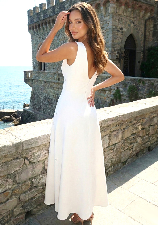 Crystal Embellished A Line Midi Dress White