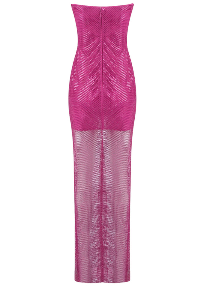 Strapless Sparkly Draped Maxi Dress Hot Pink
