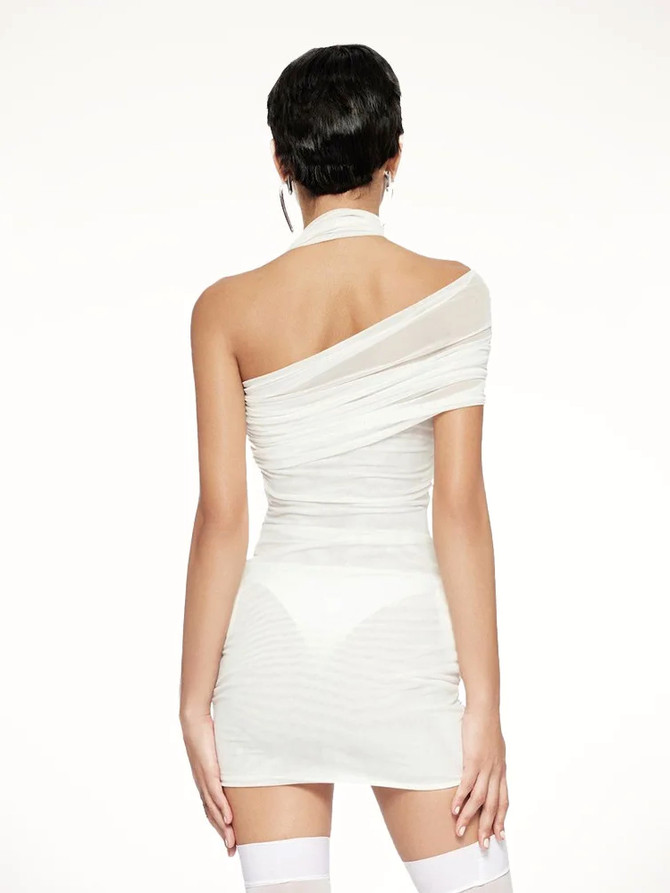Halter One Shoulder Floral Dress White