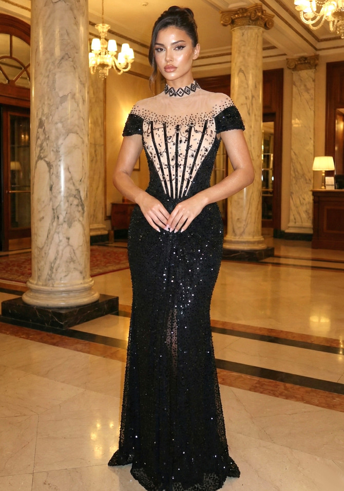 Short Sleeve Sequin Structured Maxi Dress Black