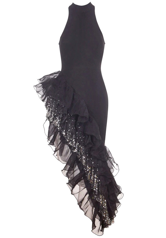 Sequin Ruffle Maxi Dress Black