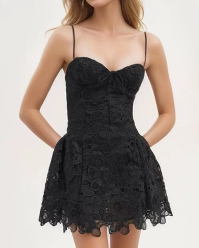 Floral Crochet A Line Dress Black