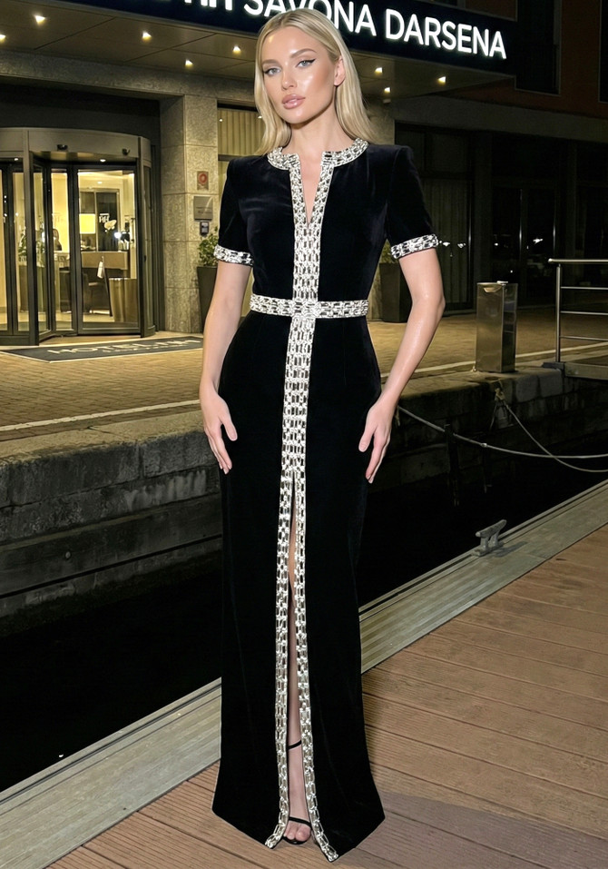 Short Sleeve Crystal Maxi Dress Black