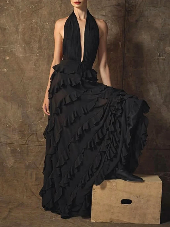 Halter Ruffle Maxi Dress Black