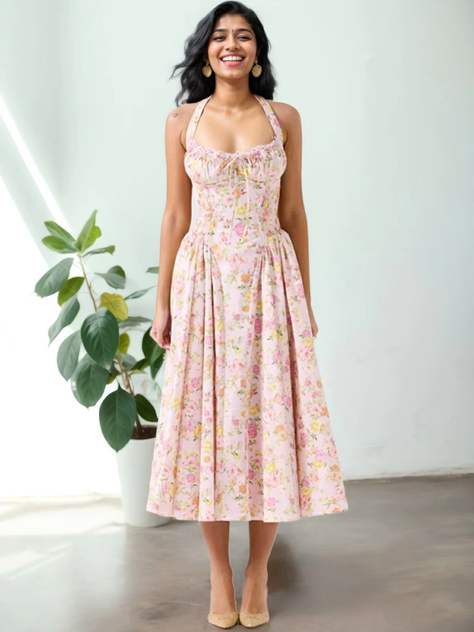 Halter Bustier A Line Midi Dress Floral Pink