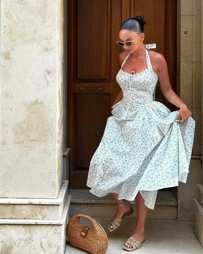 Halter Bustier A Line Midi Dress Floral Blue